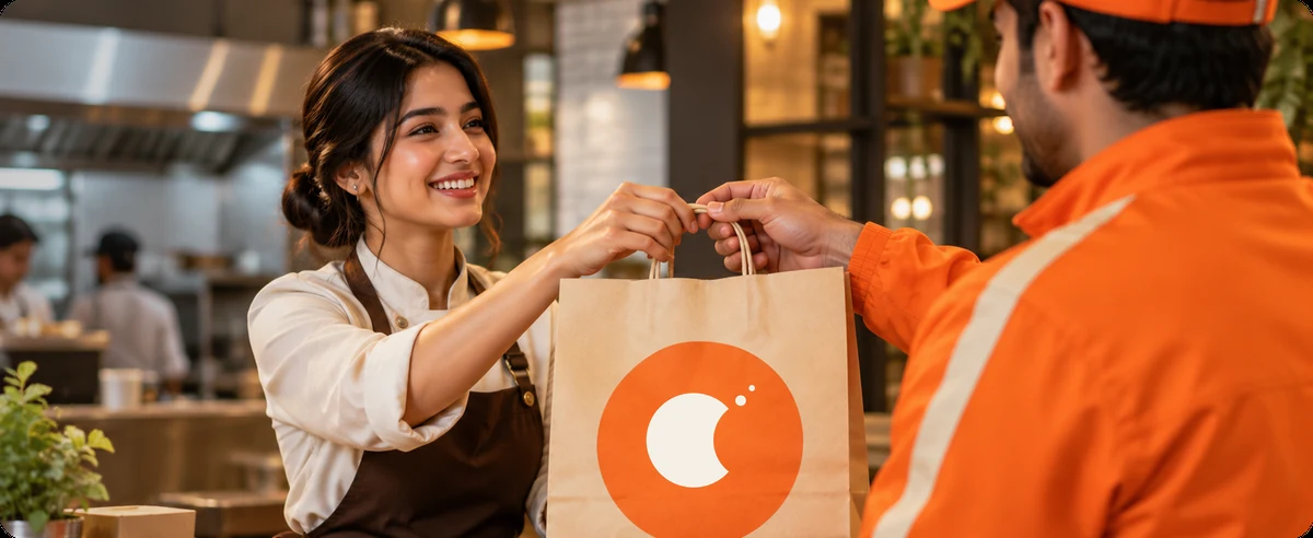 Restaurant staff handing a Niwalo order to a Niwalo rider